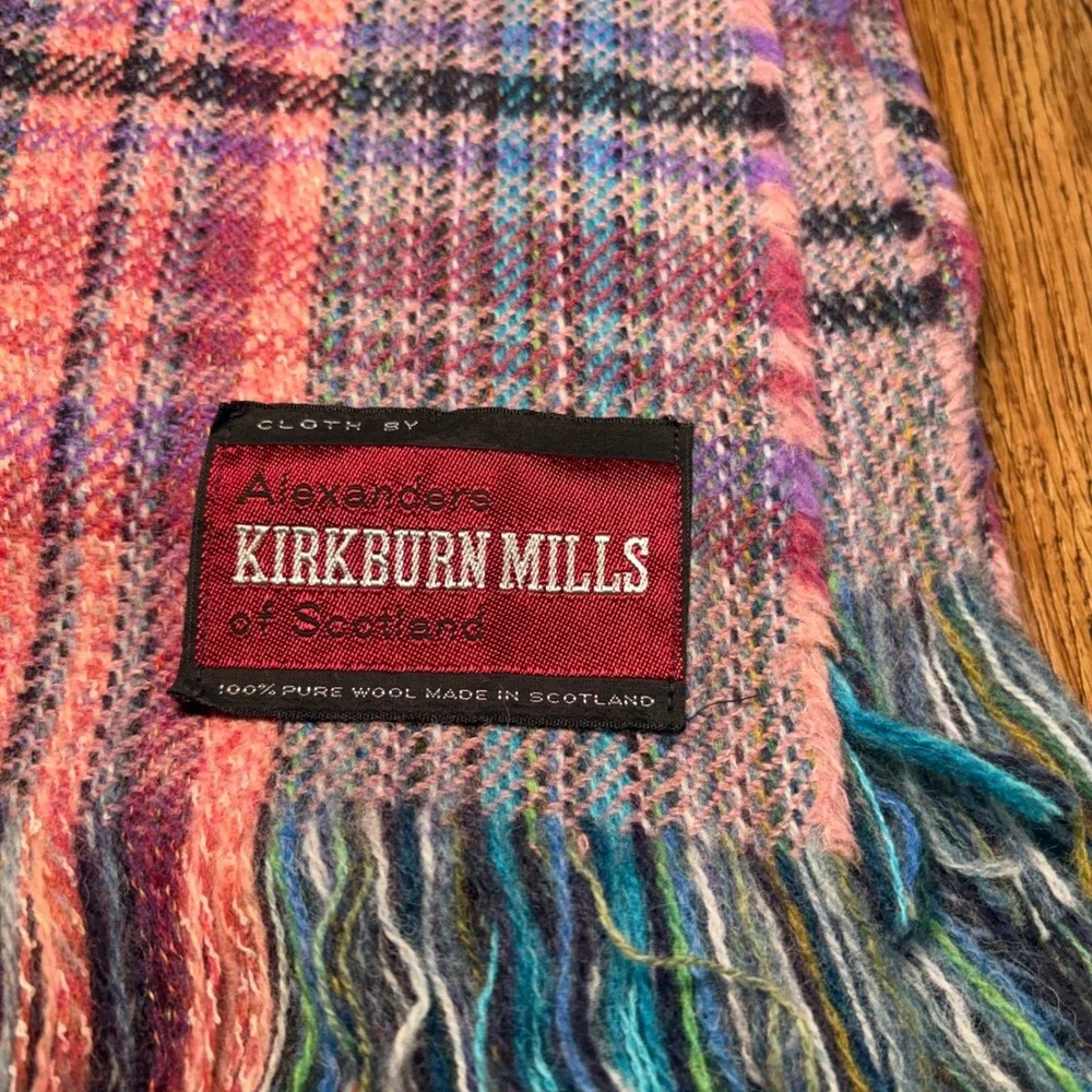 Vintage Kirkburn Mills Scotland Wool Tartan Throw Blanket Pink Blue Fringe 72x59